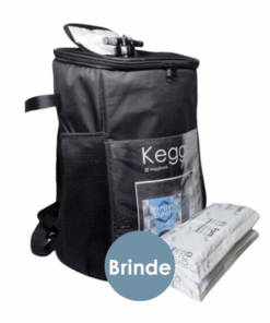 a black backpack with a bag and a stack of white packages