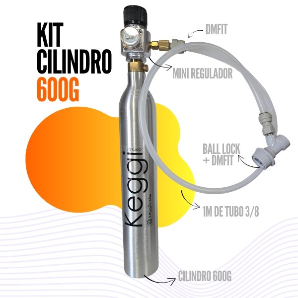 Kit, cilindro CO² recarregável 600g, regulador, ball lock, engate rápido